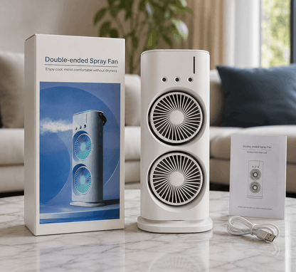 White double-ended spray fan on a marble surface with packaging and USB cable in the background.
