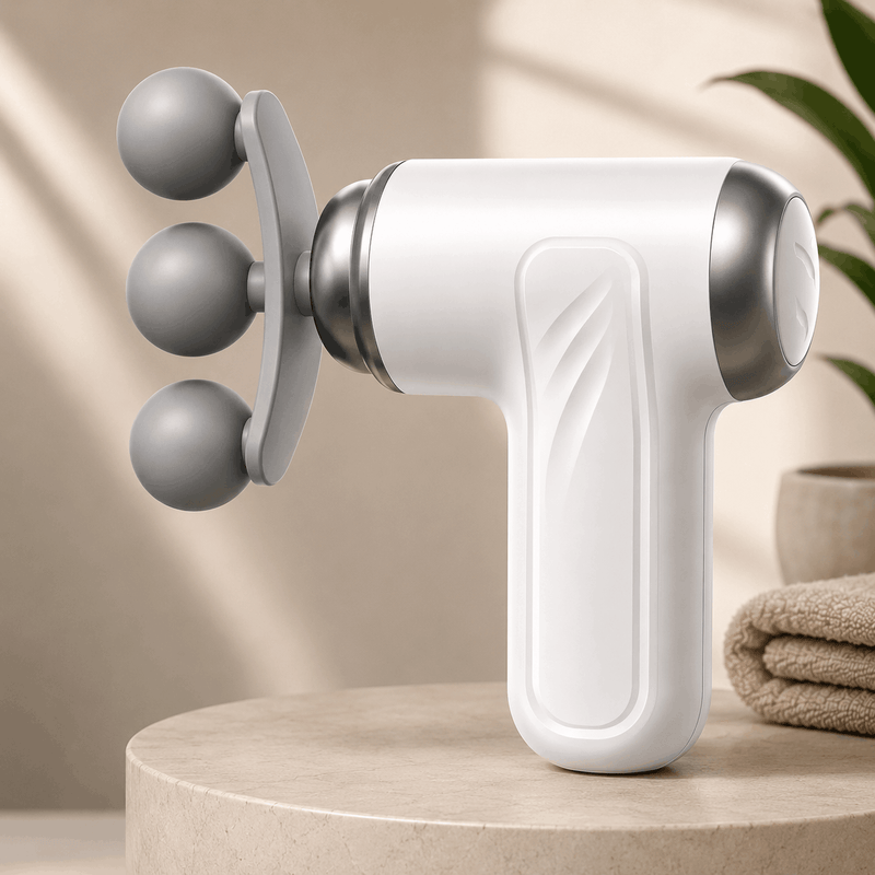 White handheld massage device with gray attachments on a beige surface.