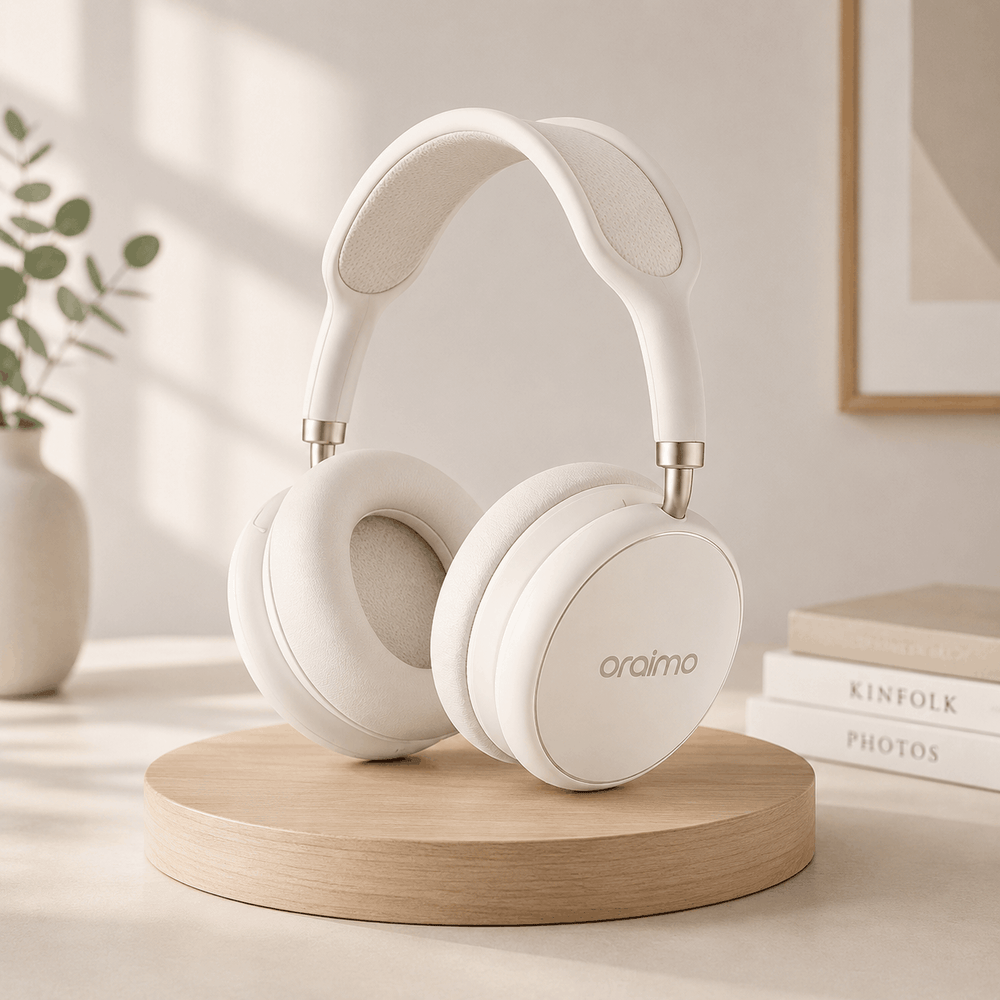 White headphones on a wooden stand with a neutral background
