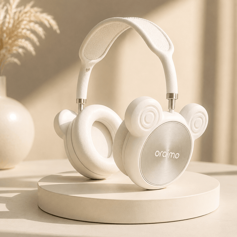 White headphones with 'oraimo' branding on a beige surface with a soft background