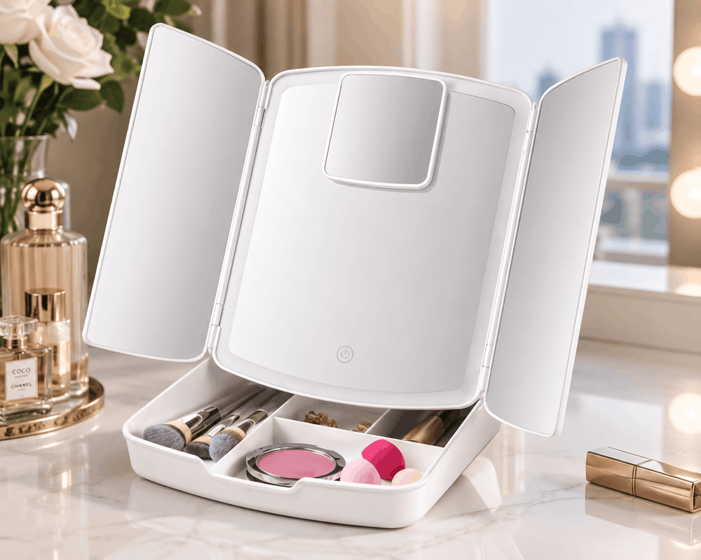 White makeup organizer with mirrors on a table with beauty products.