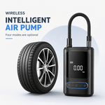 Wireless intelligent air pump with digital display next to a car tire on a light gray background