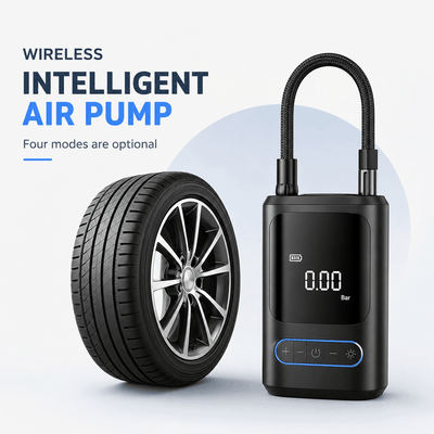 Wireless intelligent air pump with digital display next to a car tire on a light gray background
