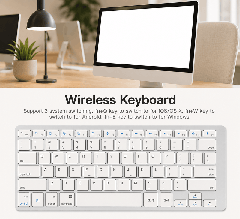 Wireless keyboard with computer setup on a desk