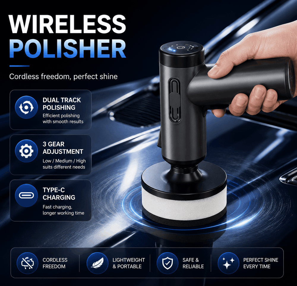 Wireless polisher being used on a car surface with features highlighted.