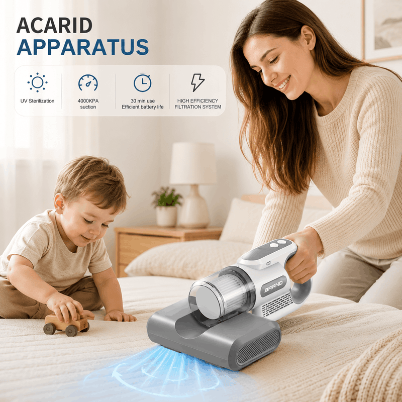 Woman and child using a vacuum cleaner with 'Acarid Apparatus' branding in a bedroom setting.