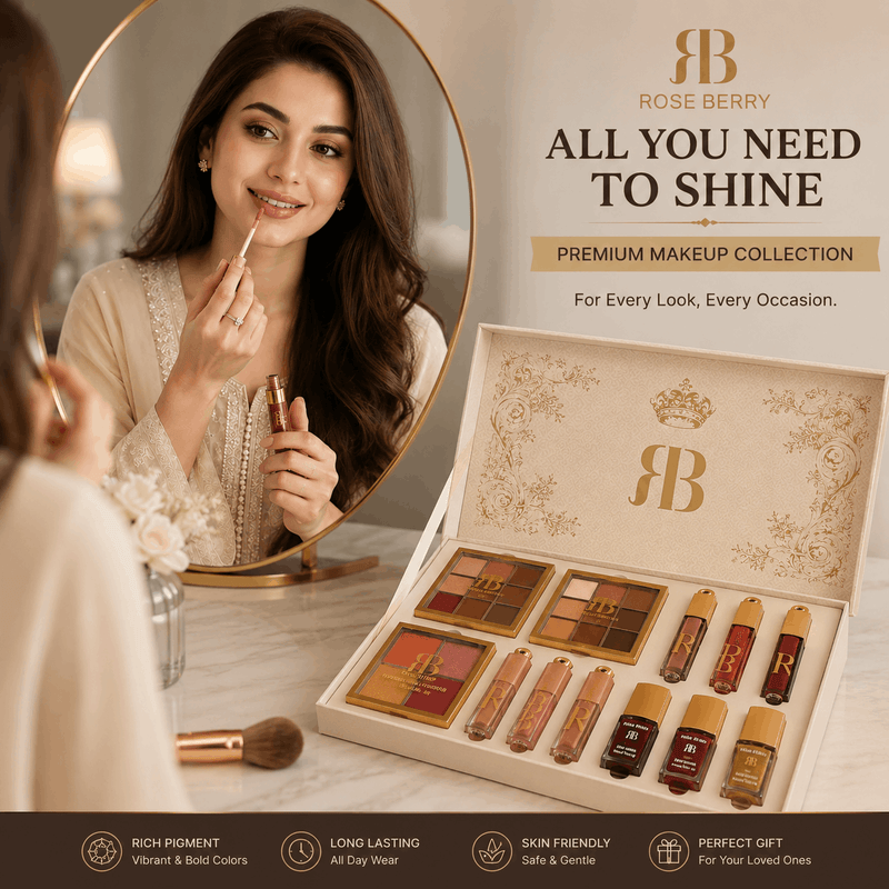 Woman applying makeup with Rose Berry premium makeup collection on a table.