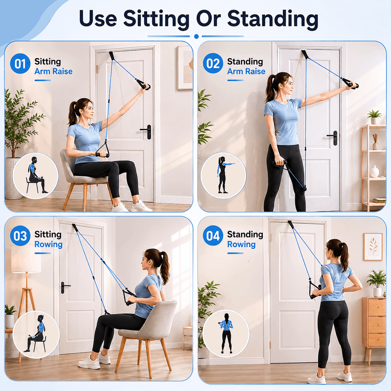 Woman demonstrating resistance band exercises in a home setting.