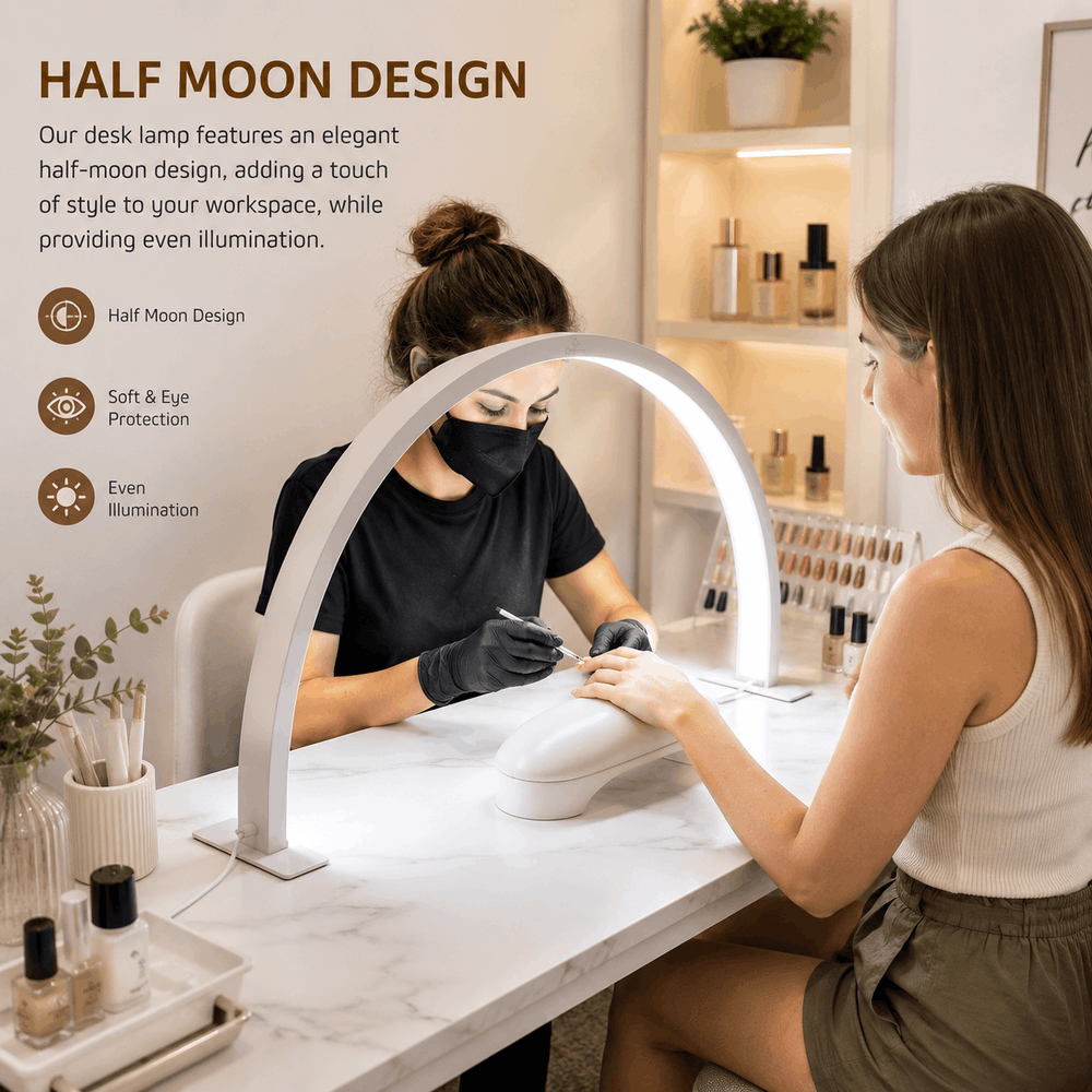 Woman getting a manicure under a half-moon design desk lamp in a nail salon.