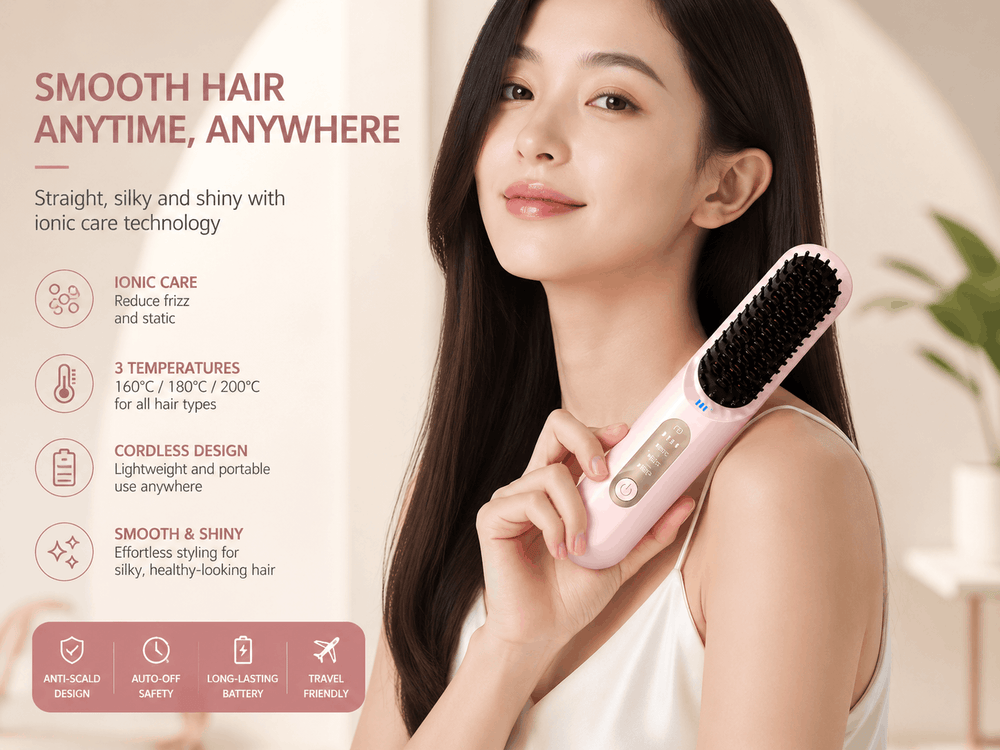 Woman holding a hair straightening brush with product features displayed on a light background