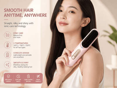 Woman holding a hair straightening brush with product features displayed on a light background