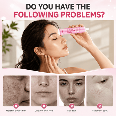 Woman holding a skincare product with skin issues displayed below