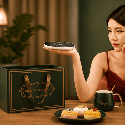 Woman holding a wireless charging pad with a mug and donuts on a table.