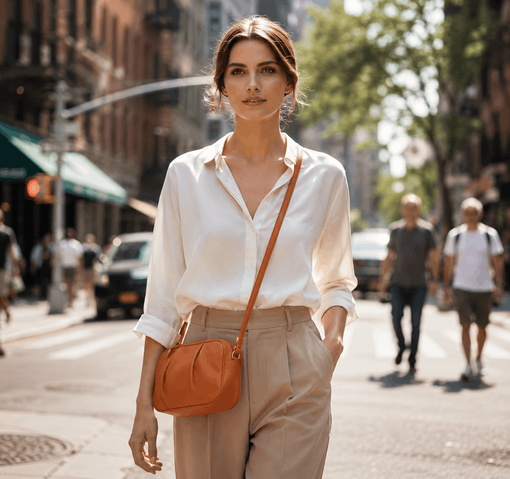 Woman in a white shirt and beige pants with an orange crossbody bag on a city street.