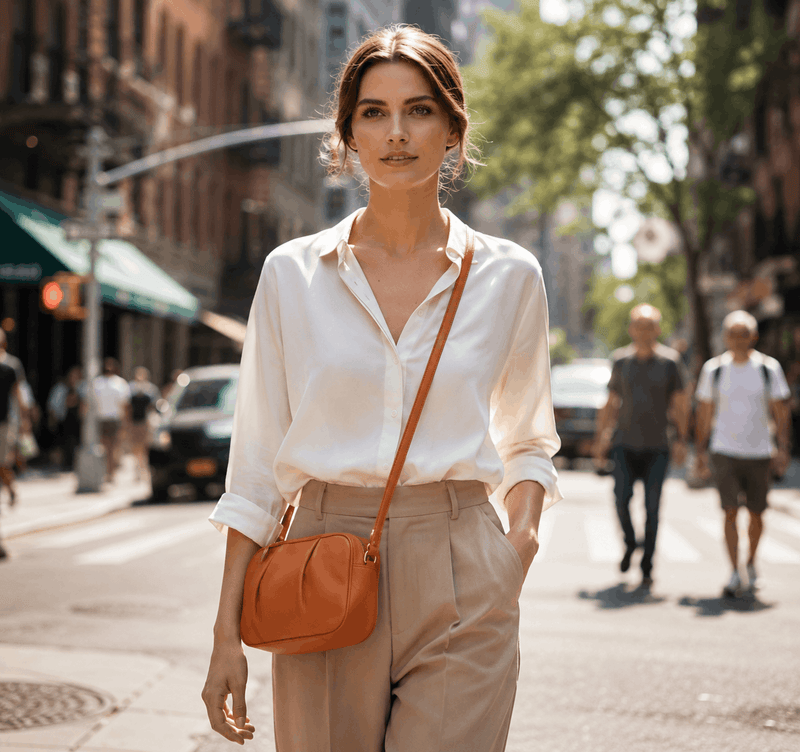 Woman in a white shirt and beige pants with an orange crossbody bag on a city street.