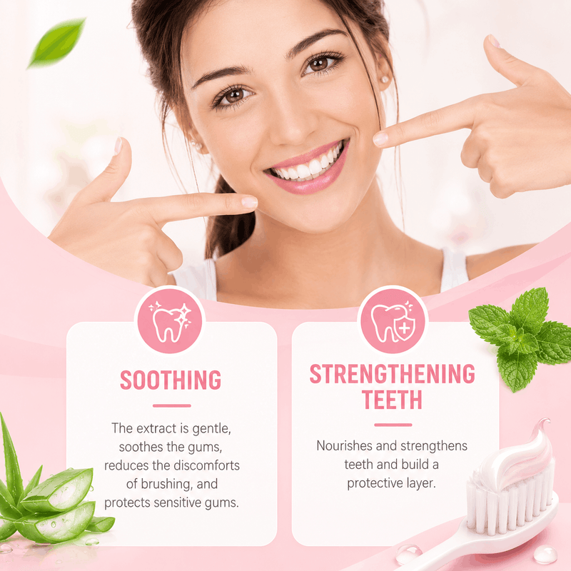 Woman pointing to her smile with dental benefits text and images on a pink background