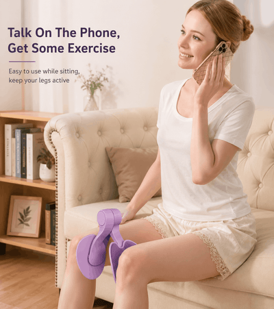 Woman sitting on a couch talking on a phone with a purple handheld device, with text about staying active while using a phone.