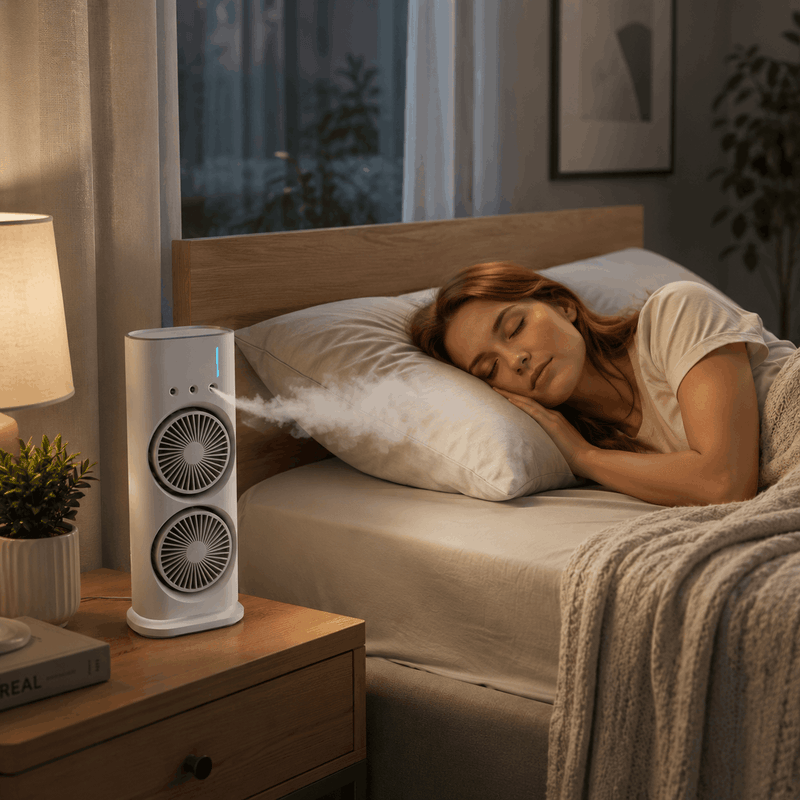 Woman sleeping in a bedroom with a white noise machine on a nightstand.
