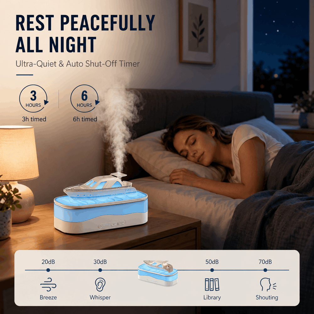 Woman sleeping in a bedroom with an ultrasonic humidifier on a nightstand.