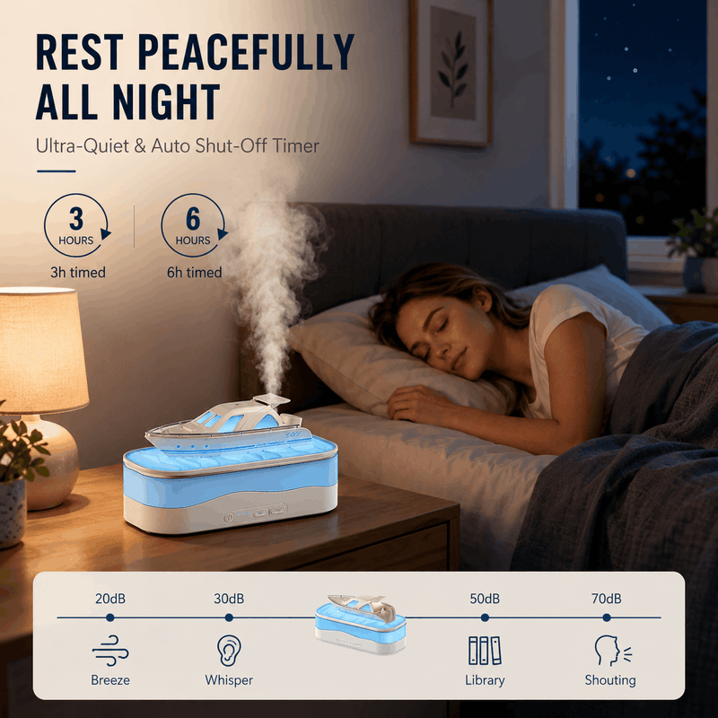 Woman sleeping in a bedroom with an ultrasonic humidifier on a nightstand.