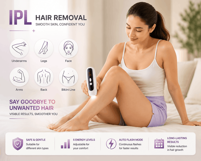 Woman using IPL hair removal device with product features displayed on a white background