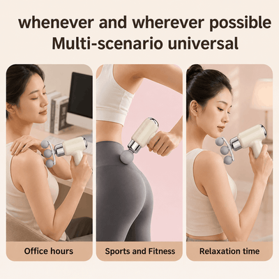 Woman using a handheld massager in various settings with text 'whenever and wherever possible Multi-scenario universal'.