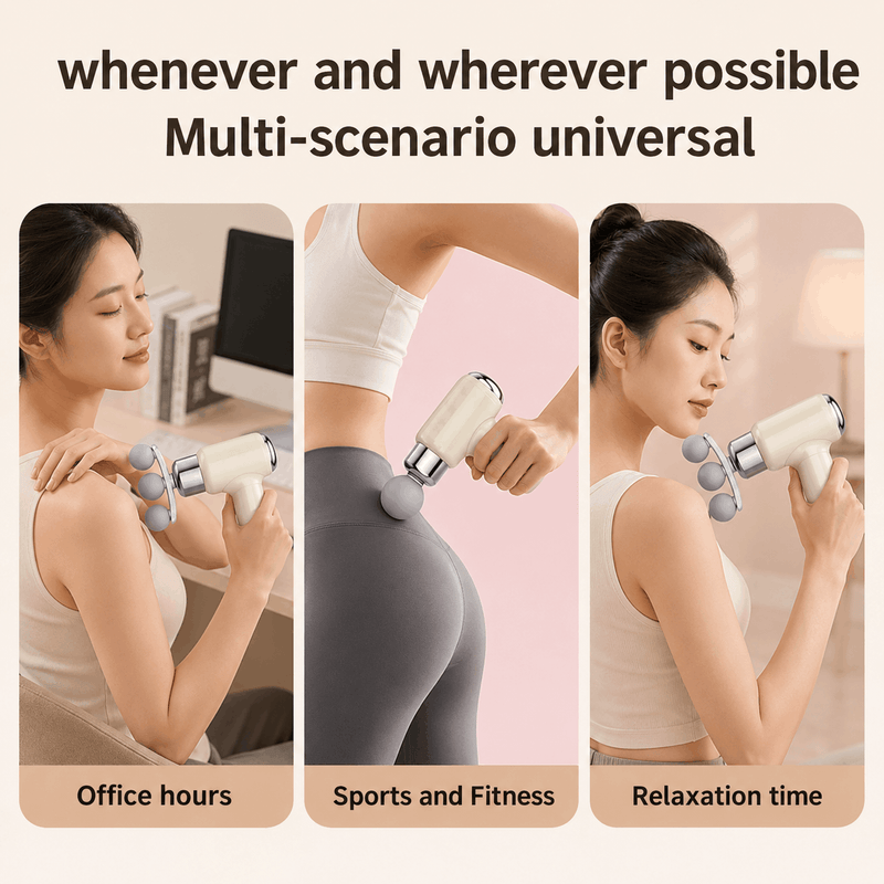 Woman using a handheld massager in various settings with text 'whenever and wherever possible Multi-scenario universal'.