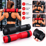 Woman using a red and black foam roller with fitness-related text and images on a blurred gym background.