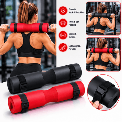 Woman using a red and black foam roller with fitness-related text and images on a blurred gym background.