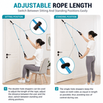 Woman using adjustable resistance bands in sitting and standing positions with text explaining features.