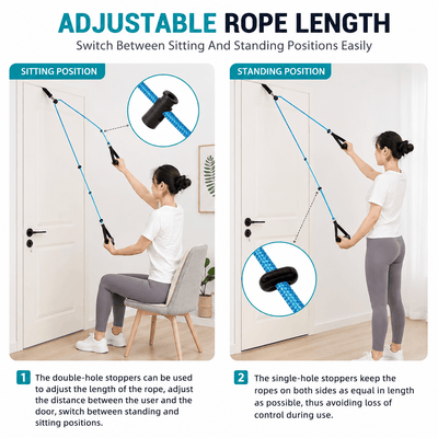 Woman using adjustable resistance bands in sitting and standing positions with text explaining features.