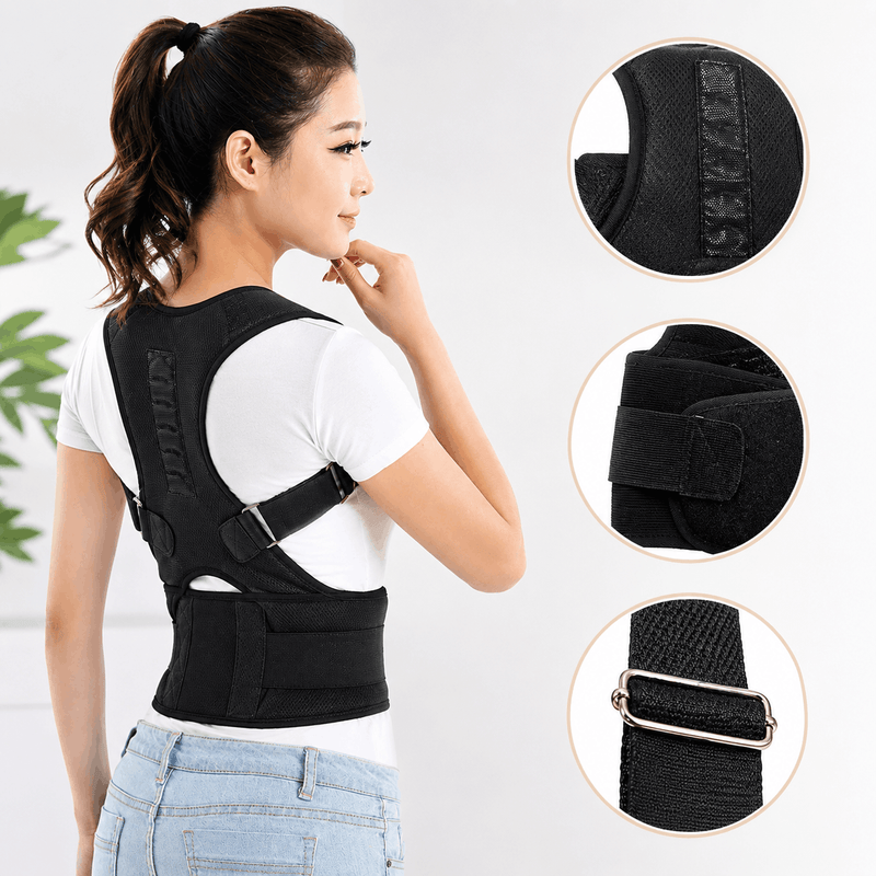 Woman wearing a black posture corrector with close-up insets of the product on a white background.