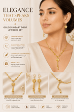 Woman wearing a gold heart drop jewelry set with product details on a beige background