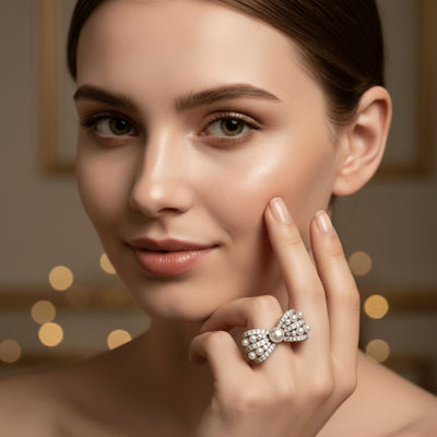 Woman wearing a silver bow-shaped ring with a blurred background At Aezoon