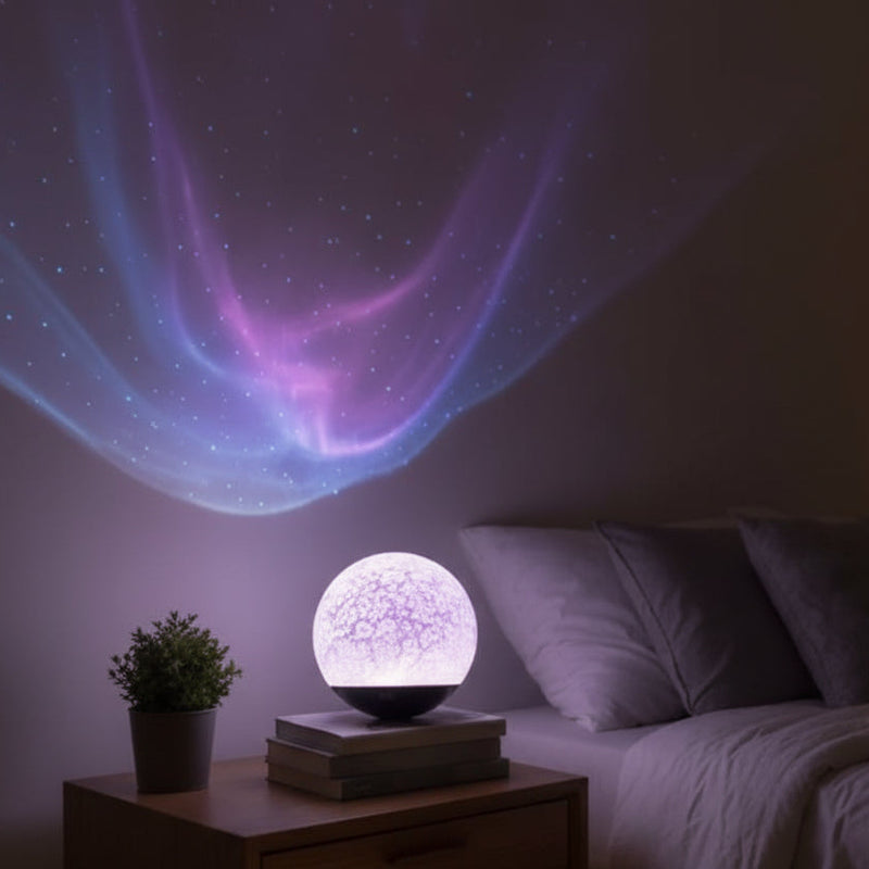 Decorative night light projecting a colorful nebula pattern on a wall above a bed.