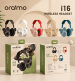 oraimo i16 wireless headset in various colors with packaging on a light background