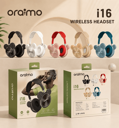 oraimo i16 wireless headset in various colors with packaging on a light background
