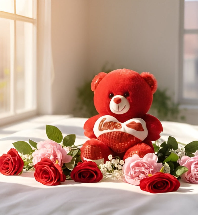Red Love Teddy Bear with Heart Cushion