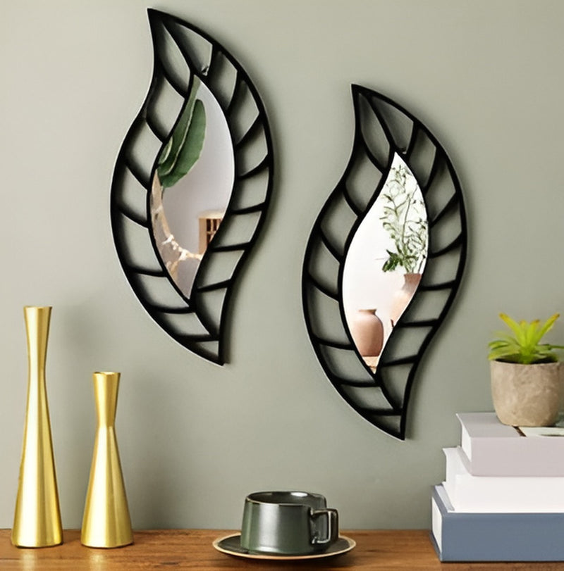 2-Piece Black Leaf & Teardrop Mirror Set – Small Wall Decor